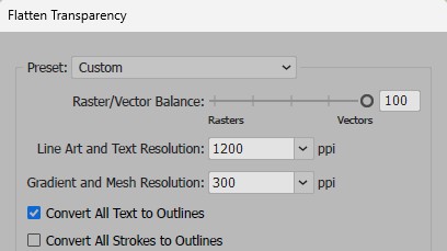 Flatten Transparency с опцией Convert All Text to Outlines