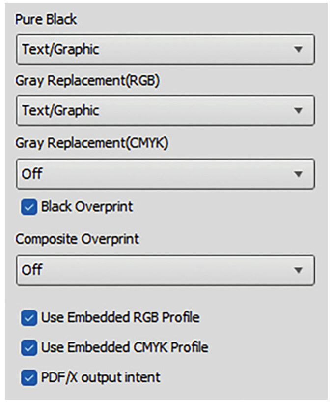 Установки РИПа: Pure Black, Gray Replacement, Use Embedded RGB и CMYK Profile, PDF/X output intent