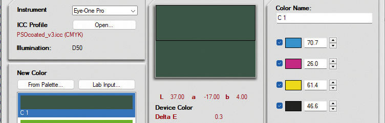 Окно ColorPicker с CMYK-рецептом образца для печати по FOGRA51