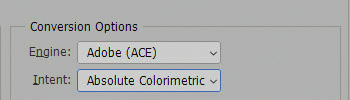 Раздел Conversion Options в установках Color Settings в Photoshop