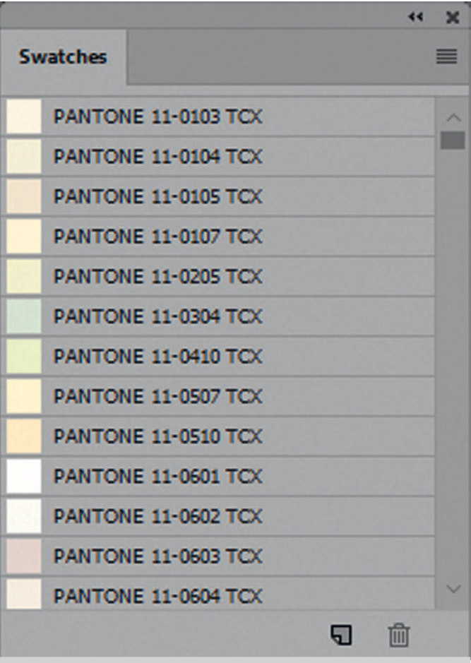 Палитра Swatches в Photoshop с загруженной библиотекой образцов Pantone TCX